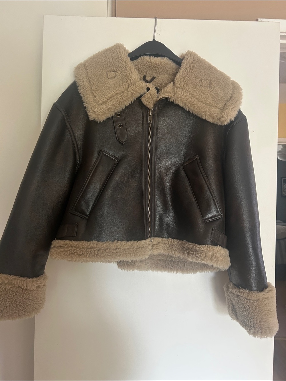 Waist length Faux Shearling Jacket in Dark Brown with Tan Trim